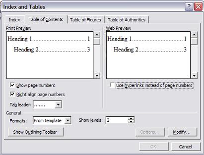 Index and Tables option window